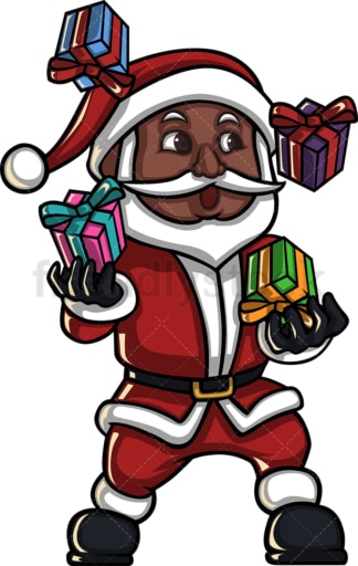Black santa claus juggling with presents. PNG - JPG and vector EPS (infinitely scalable). Image isolated on transparent background.