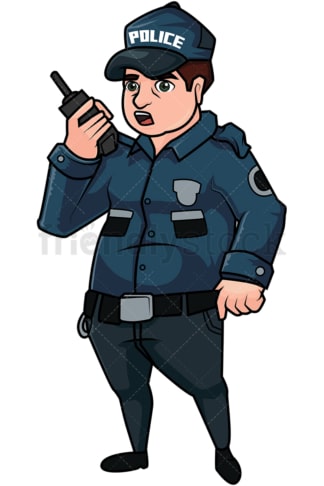 Chubby cop talking on radio. PNG - JPG and vector EPS file formats (infinitely scalable). Image isolated on transparent background.