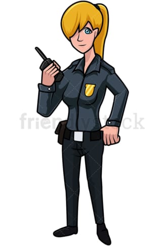Female cop holding a radio. PNG - JPG and vector EPS file formats (infinitely scalable). Image isolated on transparent background.