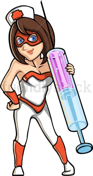 Female nurse superhero holding syringe. PNG - JPG and vector EPS (infinitely scalable).
