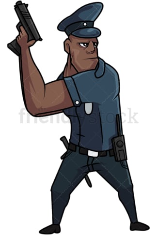 Black policeman holding his gun up. PNG - JPG and vector EPS file formats (infinitely scalable). Image isolated on transparent background.