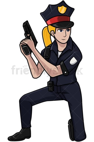 Policewoman kneeling holding her gun up. PNG - JPG and vector EPS file formats (infinitely scalable). Image isolated on transparent background.