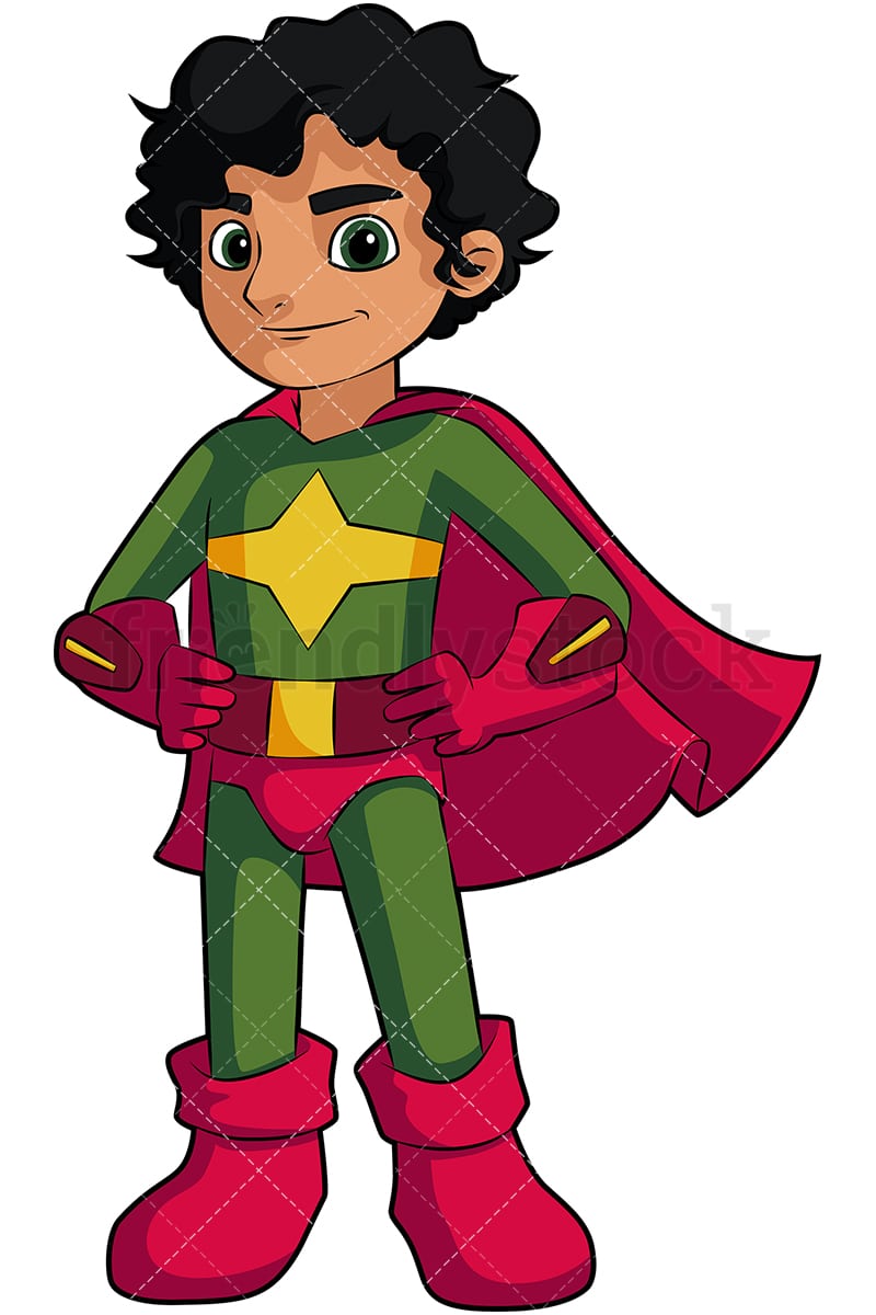 Little Boy Superhero With Cape Cartoon Vector Clipart ...
