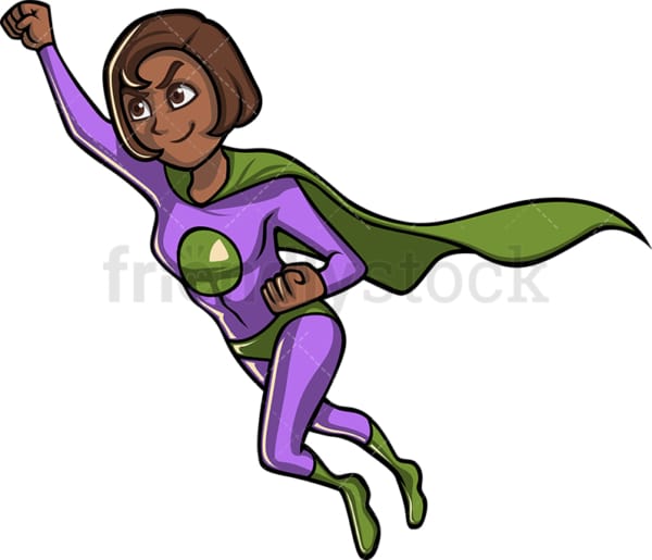 Flying black female superhero. PNG - JPG and vector EPS file formats (infinitely scalable). Image isolated on transparent background.