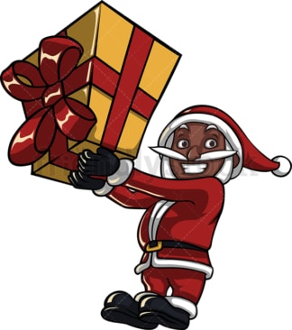 Black santa claus holding a huge gift box. PNG - JPG and vector EPS (infinitely scalable). Image isolated on transparent background.