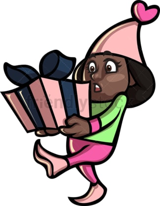 Black girl christmas elf holding present. PNG - JPG and vector EPS file formats (infinitely scalable).