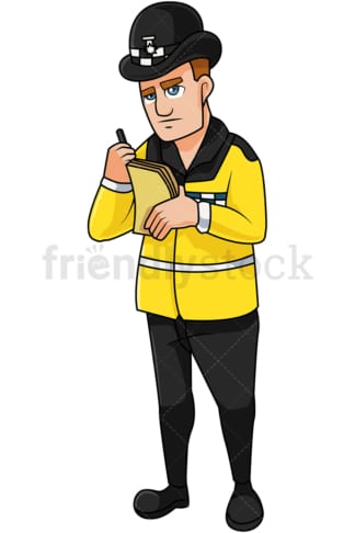 English policeman writing ticket. PNG - JPG and vector EPS file formats (infinitely scalable). Image isolated on transparent background.