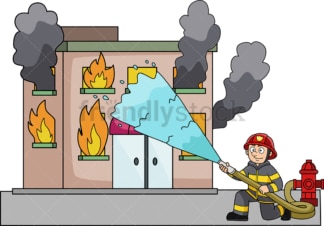 Firefighter throwing water at building on fire. PNG - JPG and vector EPS (infinitely scalable).