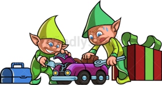 Christmas elves building a car toy. PNG - JPG and vector EPS file formats (infinitely scalable).