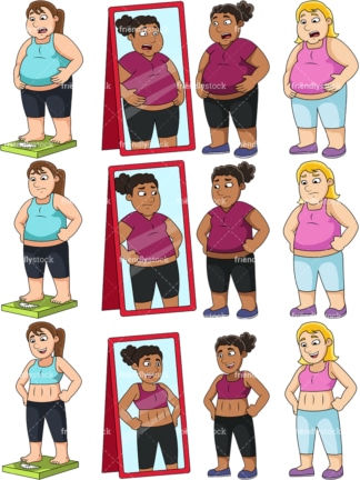 Fat women before and after. PNG - JPG and vector EPS file formats (infinitely scalable). Images isolated on transparent background.