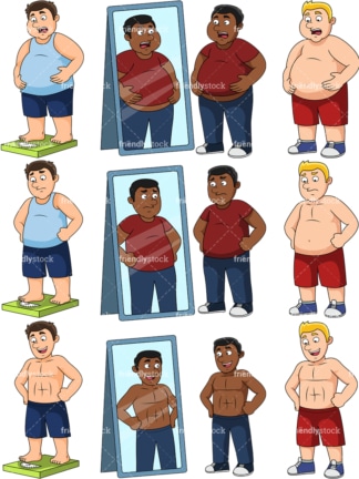 Overweight men before and after. PNG - JPG and vector EPS file formats (infinitely scalable). Images isolated on transparent background.