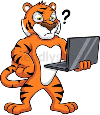Confused tiger holding laptop. PNG - JPG and vector EPS (infinitely scalable).