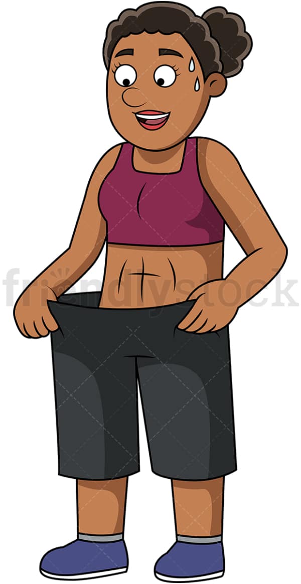 Black woman fitting in old pants. PNG - JPG and vector EPS file formats (infinitely scalable). Image isolated on transparent background.