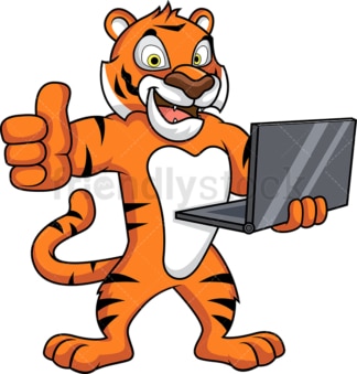 Tiger mascot holding laptop. PNG - JPG and vector EPS (infinitely scalable).
