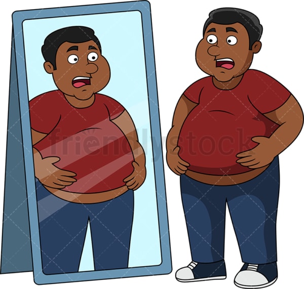 Overweight black man in front of mirror. PNG - JPG and vector EPS file formats (infinitely scalable). Image isolated on transparent background.