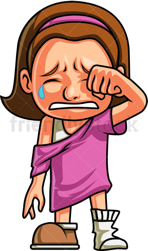 Crying girl wiping away her tears. PNG - JPG and vector EPS (infinitely scalable). Image isolated on transparent background.