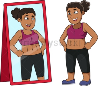 Fit black woman in front of mirror. PNG - JPG and vector EPS file formats (infinitely scalable). Image isolated on transparent background.