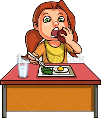 Female kid eating healthy breakfast. PNG - JPG and vector EPS. Isolated on transparent background.