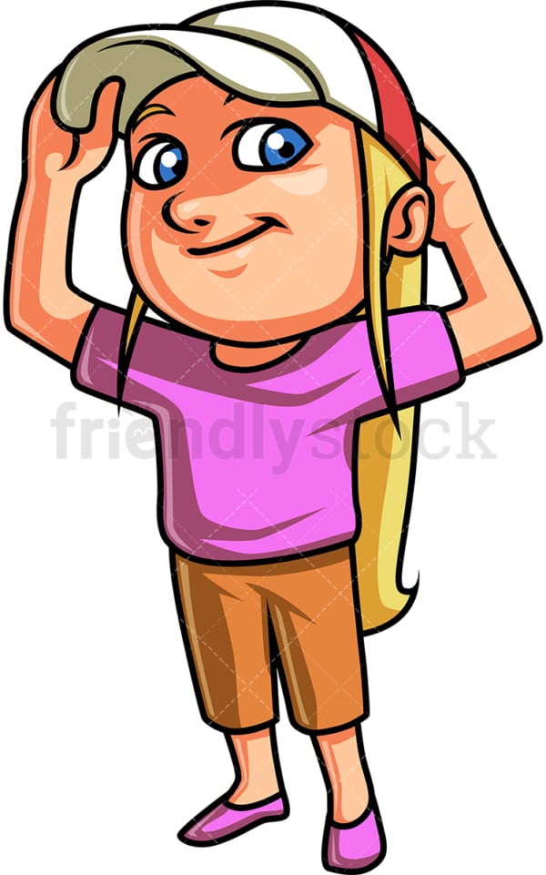 Little girl putting on a hat. PNG - JPG and vector EPS file formats (infinitely scalable). Image isolated on transparent background.