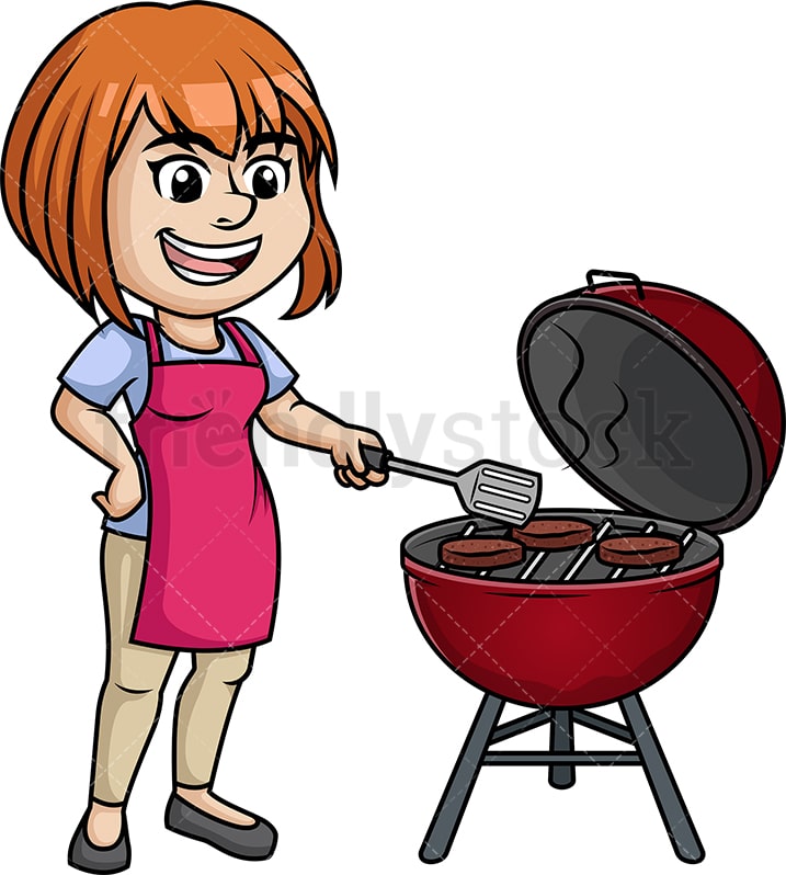 Clipart Happy Blond Woman Cooking Steaks On A BBQ 