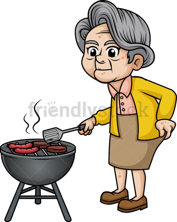 Old woman barbecuing. PNG - JPG and vector EPS (infinitely scalable). Image isolated on transparent background.