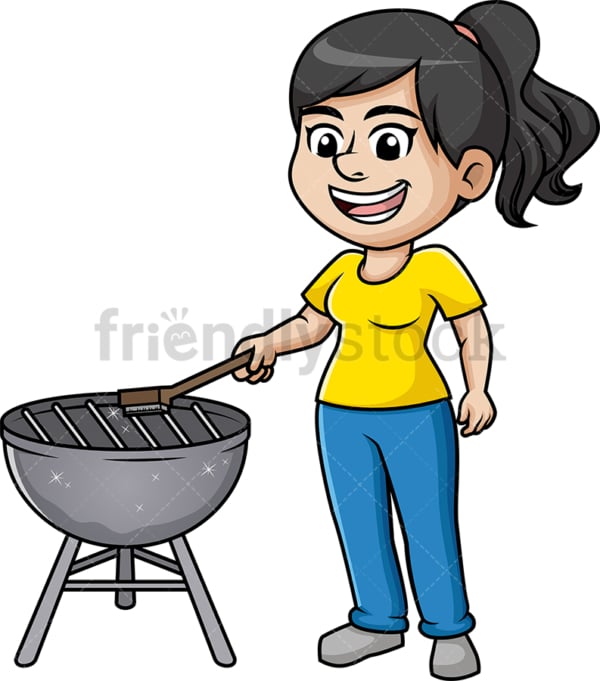 Woman cleaning bbq grill. PNG - JPG and vector EPS (infinitely scalable). Image isolated on transparent background.