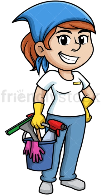 Woman holding cleaning tools. PNG - JPG and vector EPS (infinitely scalable).