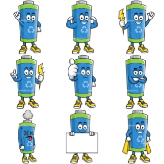 Eco-friendly battery cartoon character. PNG - JPG and vector EPS file formats (infinitely scalable).