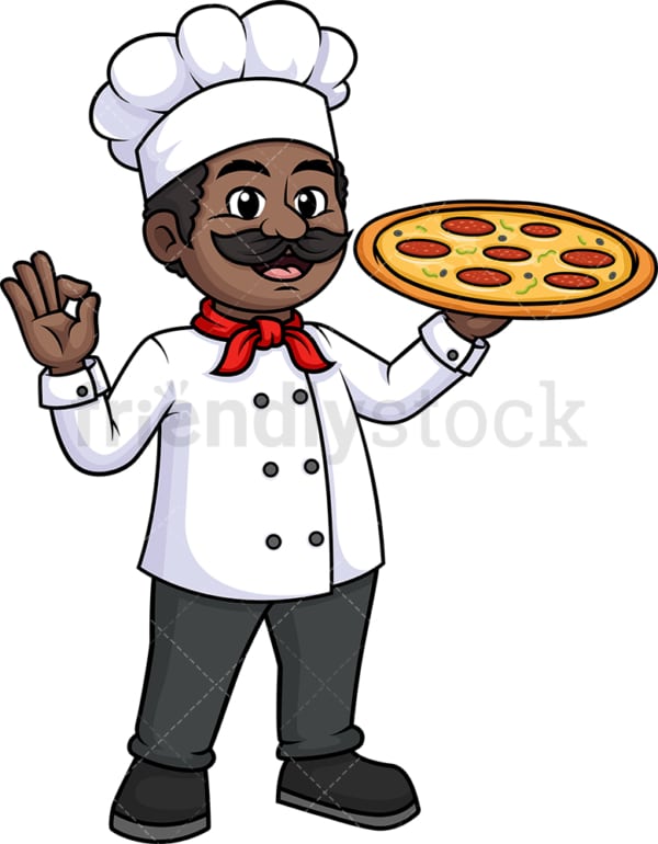 Black male chef holding pizza. PNG - JPG and vector EPS (infinitely scalable).