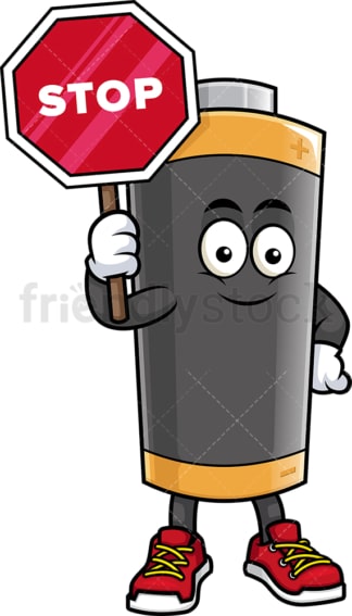 Battery mascot holding stop sign. PNG - JPG and vector EPS (infinitely scalable).