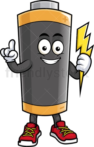 Battery mascot pointing up. PNG - JPG and vector EPS (infinitely scalable).