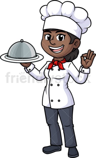 Black female chef holding serving tray. PNG - JPG and vector EPS (infinitely scalable).