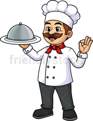Chef holding plate cloche dome tray. PNG - JPG and vector EPS (infinitely scalable).