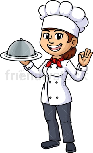 Female chef holding serving tray. PNG - JPG and vector EPS (infinitely scalable).