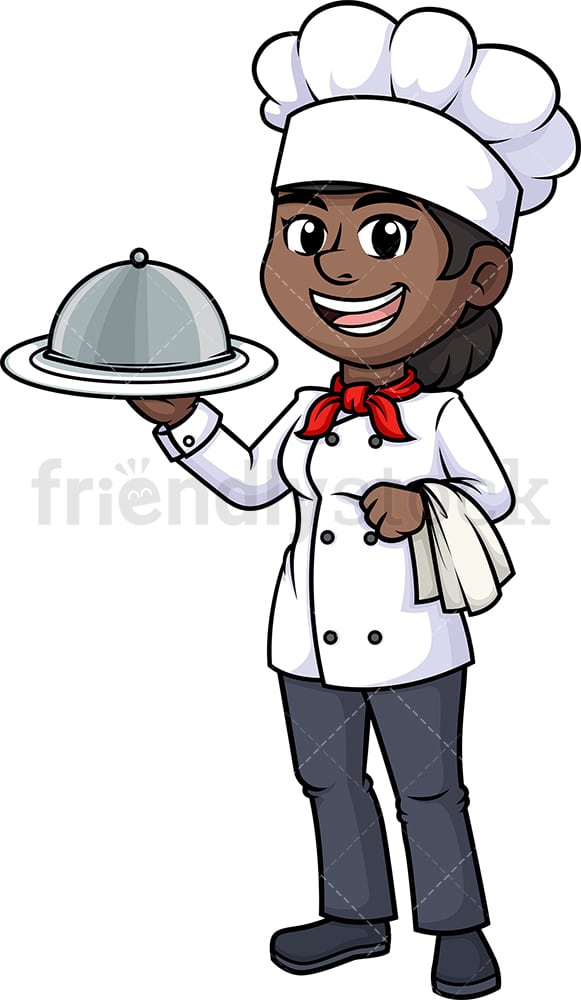 Black female chef holding spatula. PNG - JPG and vector EPS (infinitely scalable).