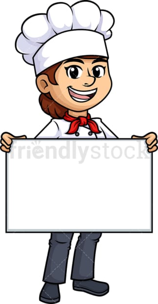 Female chef holding empty sign. PNG - JPG and vector EPS (infinitely scalable).