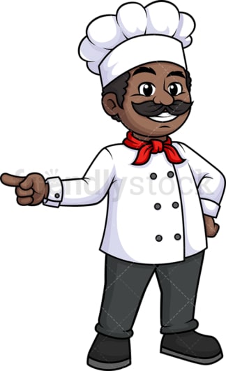 Black male chef pointing to the side. PNG - JPG and vector EPS (infinitely scalable).