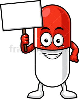 Capsule pill character holding blank sign. PNG - JPG and vector EPS (infinitely scalable).