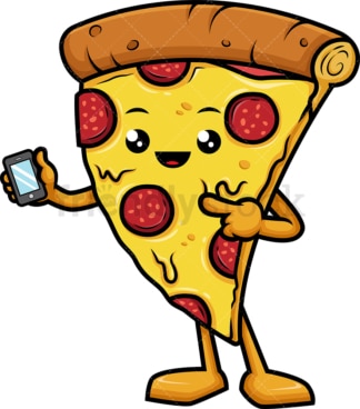 Pizza character holding mobile phone. PNG - JPG and vector EPS (infinitely scalable).