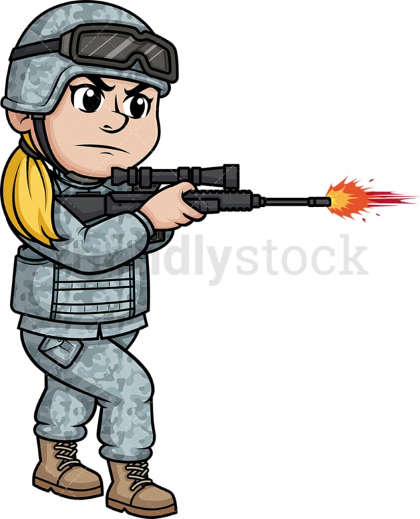Female soldier firing her rifle. PNG - JPG and vector EPS (infinitely scalable). Image isolated on transparent background.