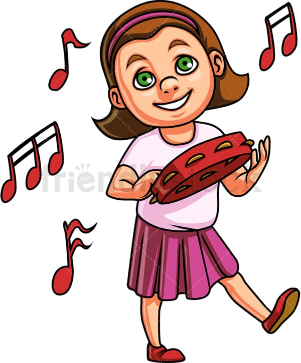 Kid girl playing tambourine. PNG - JPG and vector EPS. Isolated on transparent background.