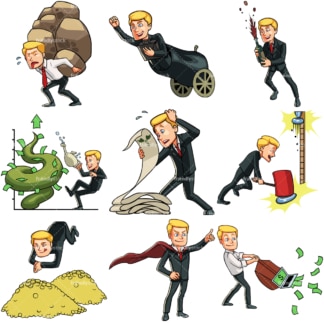 9 business & money themed images of a young businessman. PNG - JPG and vector EPS file formats (infinitely scalable). Images isolated on transparent background.