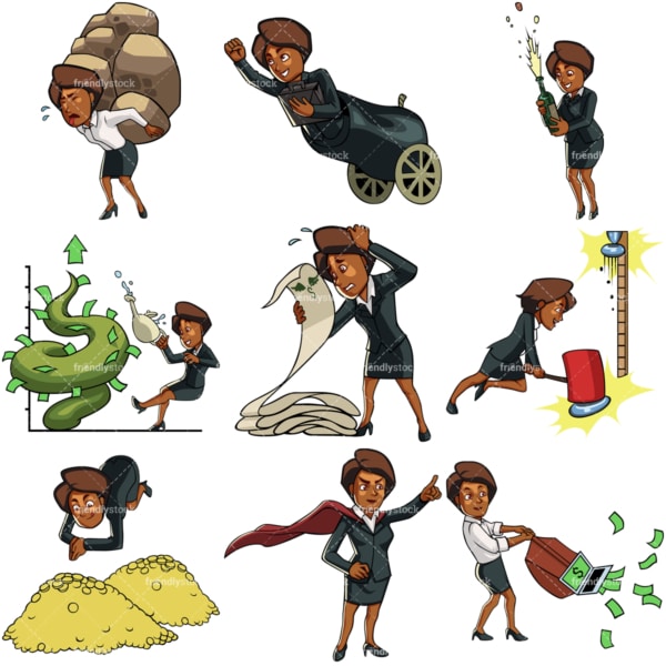 9 business themed vector graphics of a black businesswoman. PNG - JPG and vector EPS file formats (infinitely scalable). Images isolated on transparent background.
