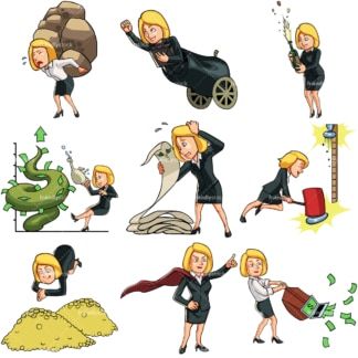 9 business themed vector graphics of a businesswoman. PNG - JPG and vector EPS file formats (infinitely scalable). Images isolated on transparent background.