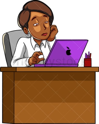 Bored black woman working with laptop. PNG - JPG and vector EPS file formats (infinitely scalable). Image isolated on transparent background.