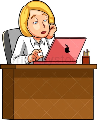 Bored woman working with laptop. PNG - JPG and vector EPS file formats (infinitely scalable). Image isolated on transparent background.