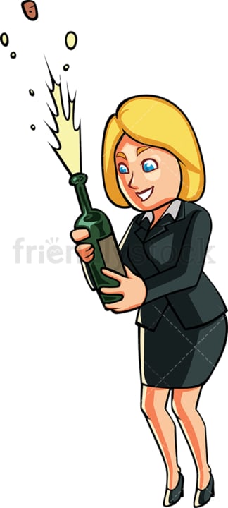 Businesswoman with exploding champagne. PNG - JPG and vector EPS file formats (infinitely scalable). Image isolated on transparent background.
