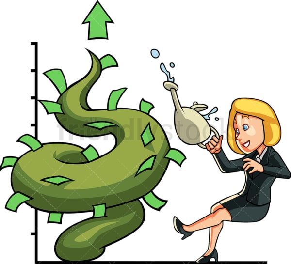 Businesswoman watering money tree. PNG - JPG and vector EPS file formats (infinitely scalable). Image isolated on transparent background.