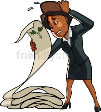 Horrified black businesswoman large bill. PNG - JPG and vector EPS file formats (infinitely scalable). Image isolated on transparent background.