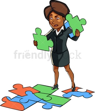 Black business woman solving puzzle. PNG - JPG and vector EPS file formats (infinitely scalable). Image isolated on transparent background.